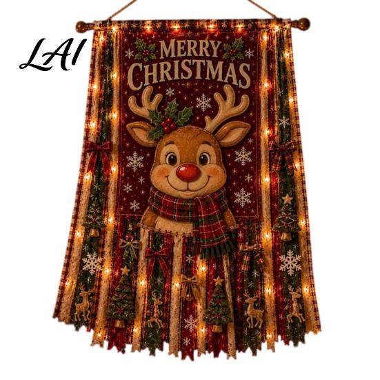 Santa Claus Elk Snowman Gingerbread Man Banner Christmas Hanging Cloth Decoration with LED Light for Home Door Wall And Window Holiday Indoor Outdoor