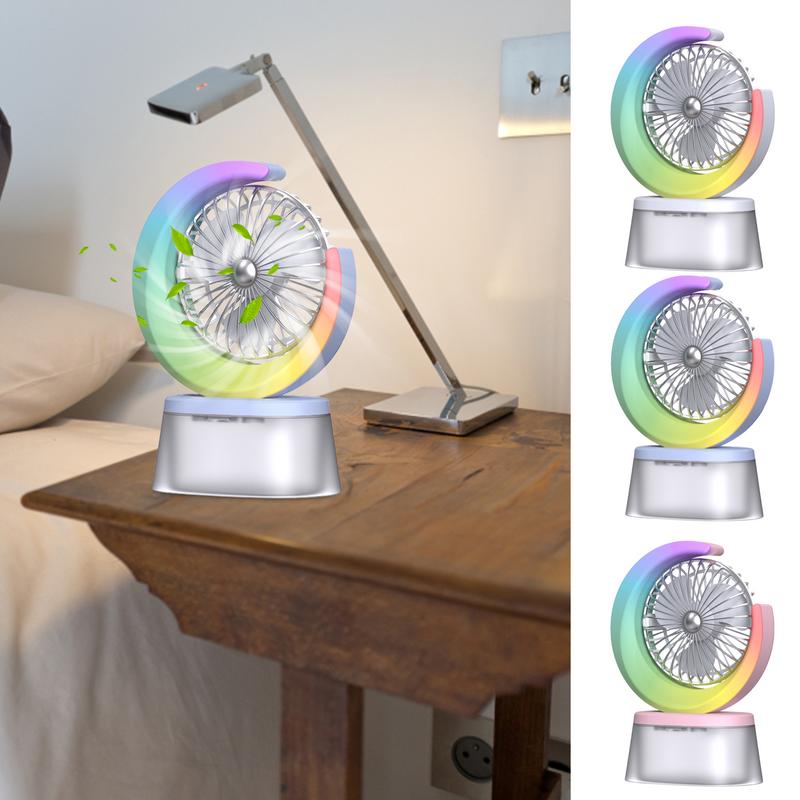 Rechargeable Desk Fan Colorful Quiet Cooling Fan USB Rechargeable Camping Fan With Flashing Light 3 Speeds Adjustable Portable