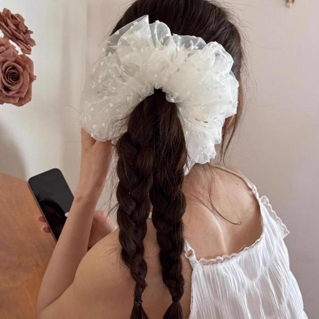 Extra Large White Polka Dot Mesh Korean Scrunchie for Voluminous Buns & Ponytails