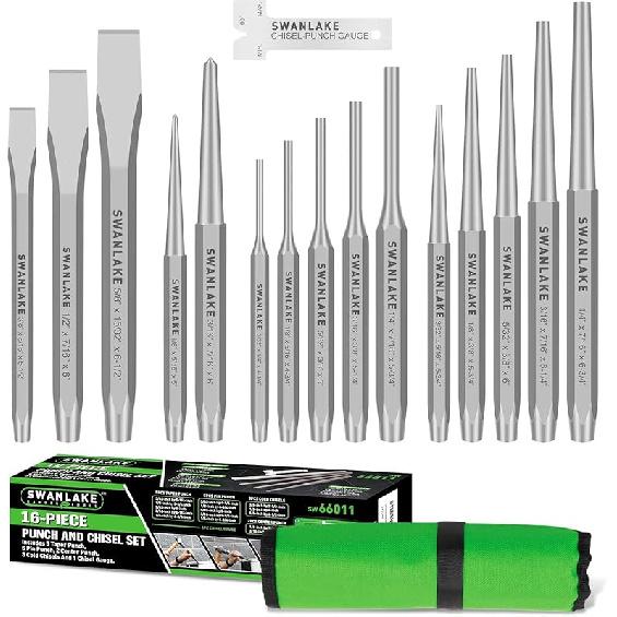 SWANLAKE Punch and Chisel Set, Including Taper Punch, Cold Chisels, Pin Punches, Center Punches (16pcs) 16PCS