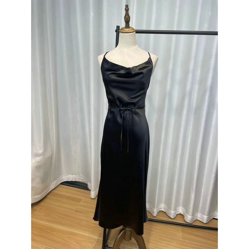 

Fashion Original Order Black Camisole Swing Collar Dress Satin Black XS