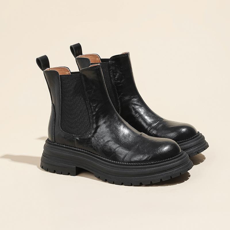 

2024 Осенние ботинки Женские туфли из натуральной кожи для женщин Ботильоны с круглым носком Туфли на толстом каблуке Вестерн-ботинки Туфли на платформе 39 чёрный