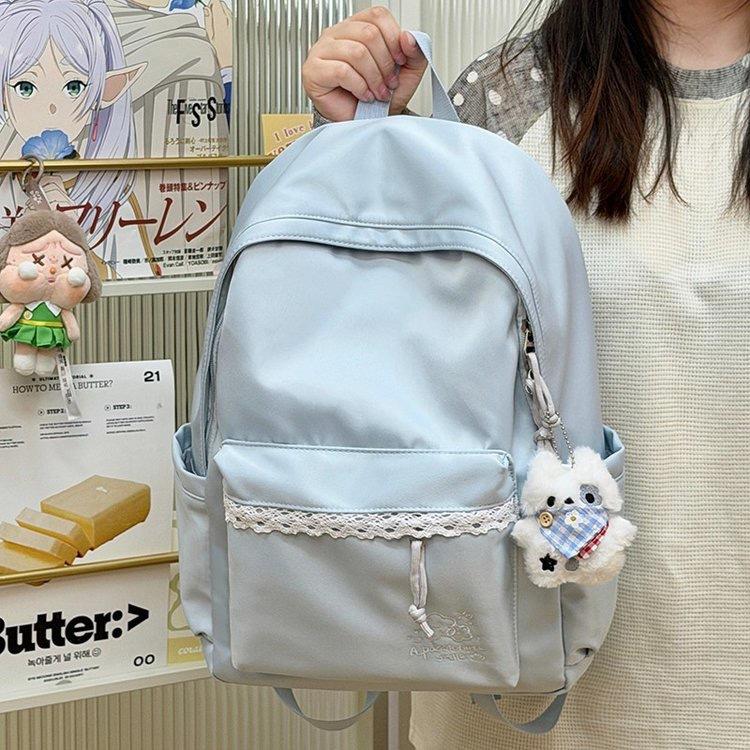 Schoolbag Korean version simple solid color backpack bag female niche design sweet lace large capacity versatile student schoolbag