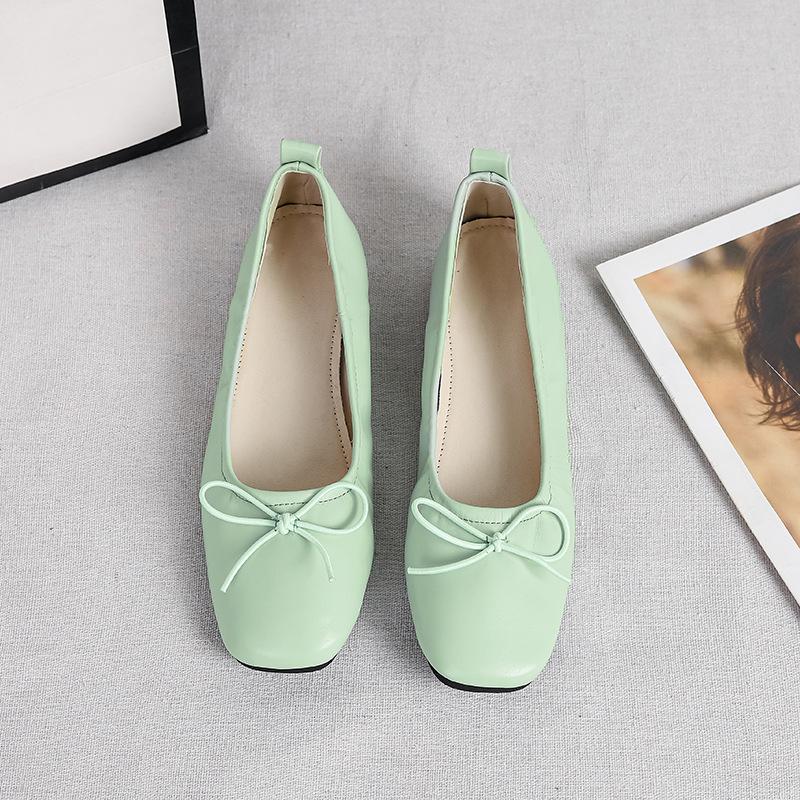 Flat Shoes Women Plus Size 44 Spring Square Head Shallow Mouth Single Shoes Flat Sole Versatile Soft Sole Bow Women's Shoes