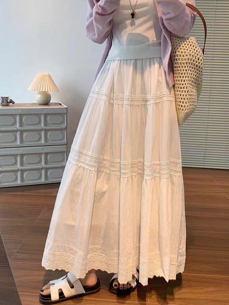 White Mid-length High-Waist Slimming Korean Lace Skirt for Spring/Summer