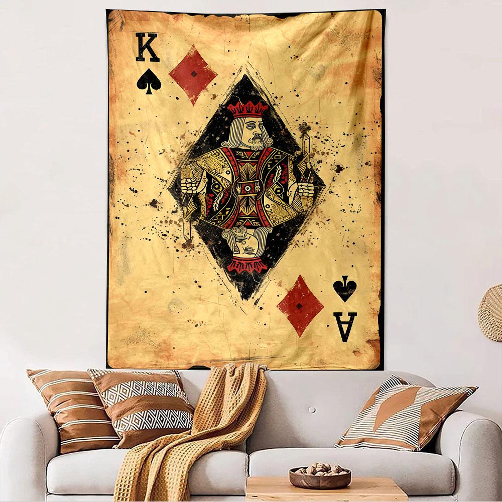King Queen Card Tapestry Wall Hanging, Spade Heart Combo Playing Card Art, Casino Wall Decor for Bedroom Living Room Dorm