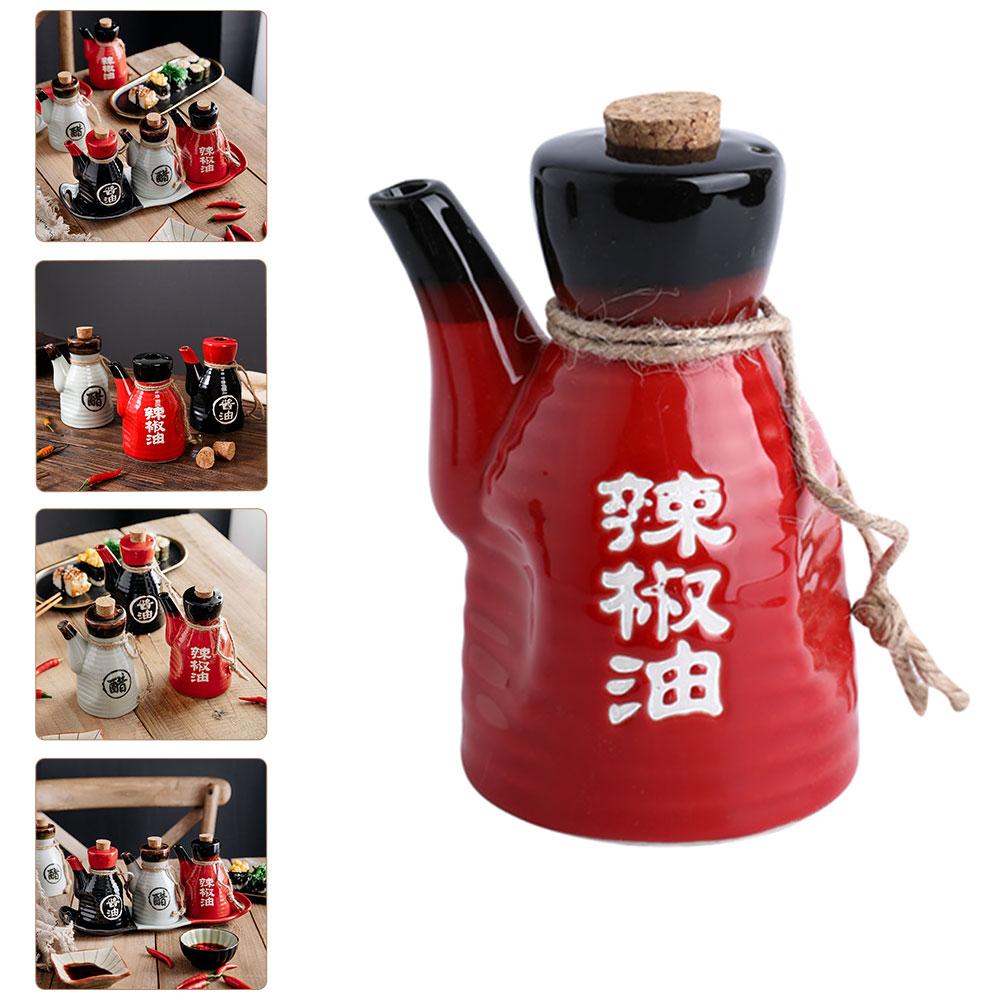 Ceramic Soy Sauce Bottle Japanese Style Oil Pot Container Home Seasoning Kitchen Wood