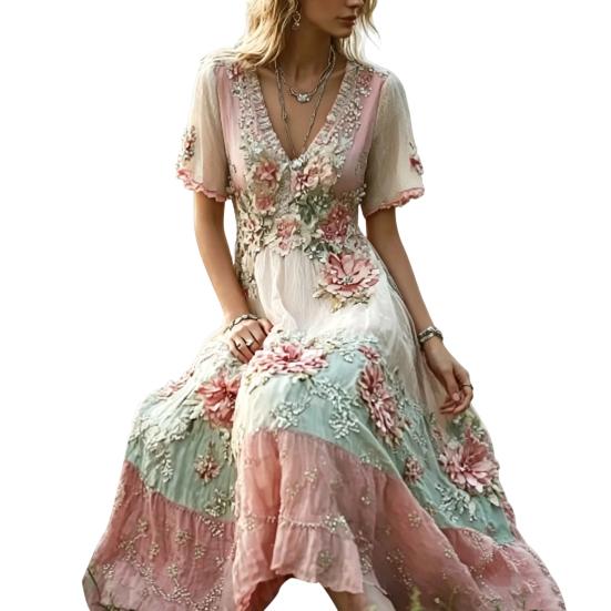Women's Boho V-Neck Maxi Dress, Floral Print Short Sleeve Casual A-line Dress, Vintage Western Travel Vacation Outfits