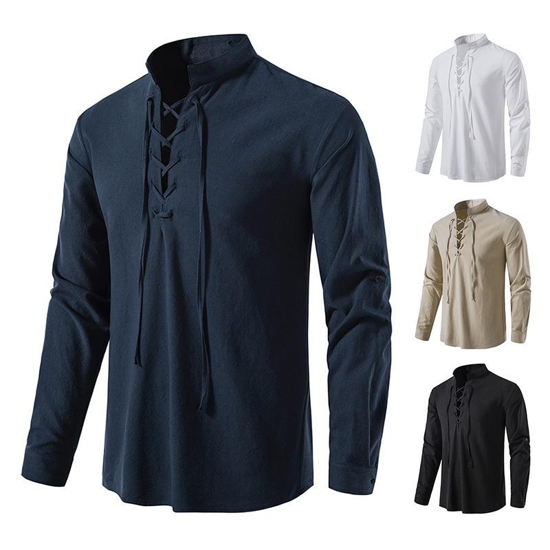 Men's New Men's Cotton and Linen Henley Shirt Long Sleeve Hippie Casual Beach Stand-Up Collar Shirt