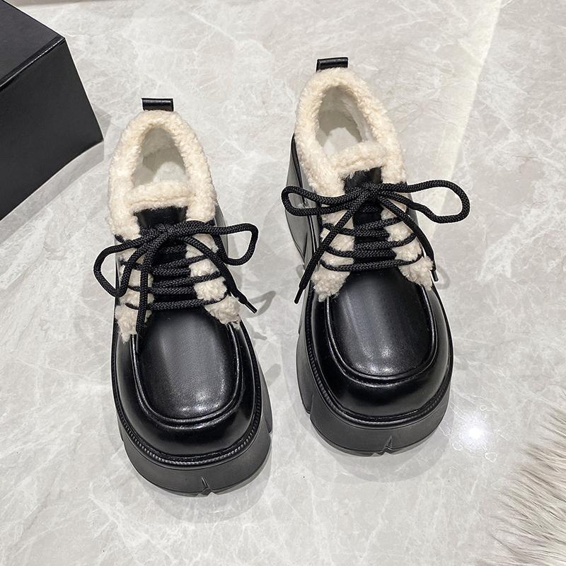Fashion Women Warm Fur Snow Boots Winter Soft Leather Motorcycle Short Boots High Platform 9CM Ladies Chunky Plush Sneakers Botas Mujer