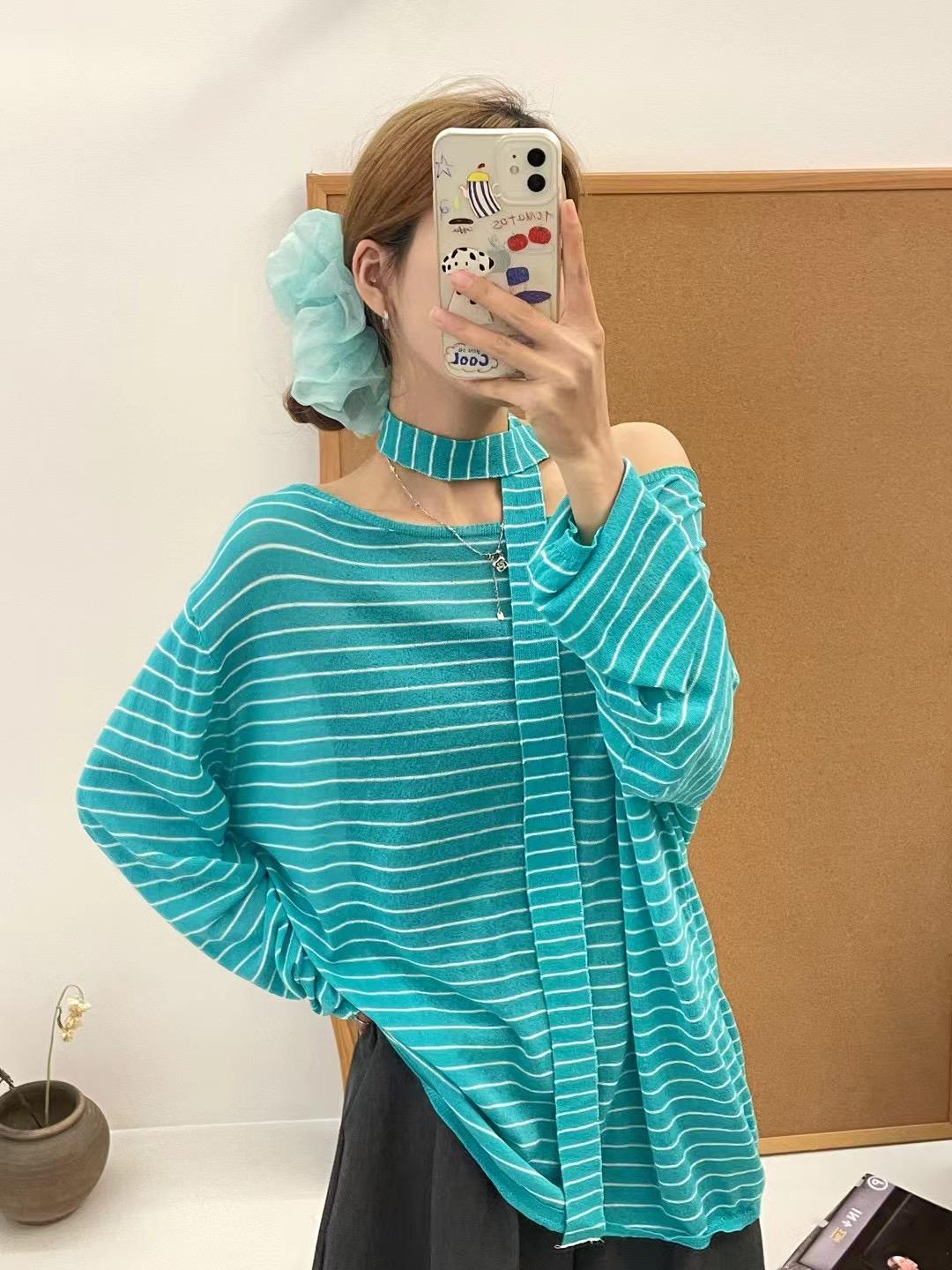 

Da7 Women s Plus Size Korean Style Striped Knit Sun Protection Top One Size