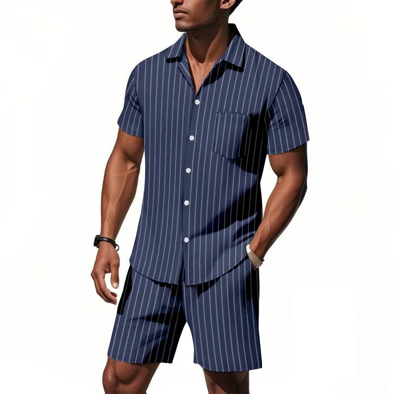 Summer Linen Suit Men's Striped Jacquard Loose Short Sleeve Shirt Beach Shorts Two-piece Set