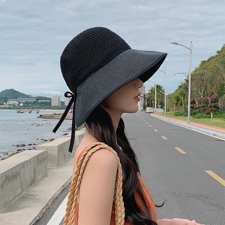 Stylish Black Paper Straw Fisherman Hat With Butterfly Bow Wide Brim Sun Bucket Hat