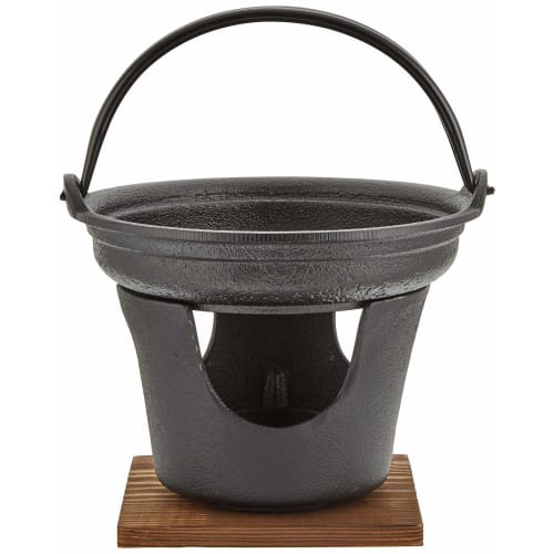 Asahi Iron Nanbu Sukiyaki Pot and Stove Set, Cast Iron/Natural Wood Base, Japan QSK41