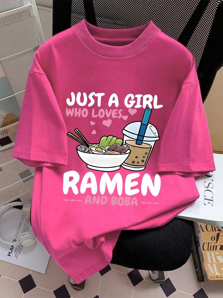 Loves Ramen And Boba Printing T-Shirt Women Cotton Summer T Shirt Comfortable Soft O-Neck Oversized Tops Basic Womans Clothes