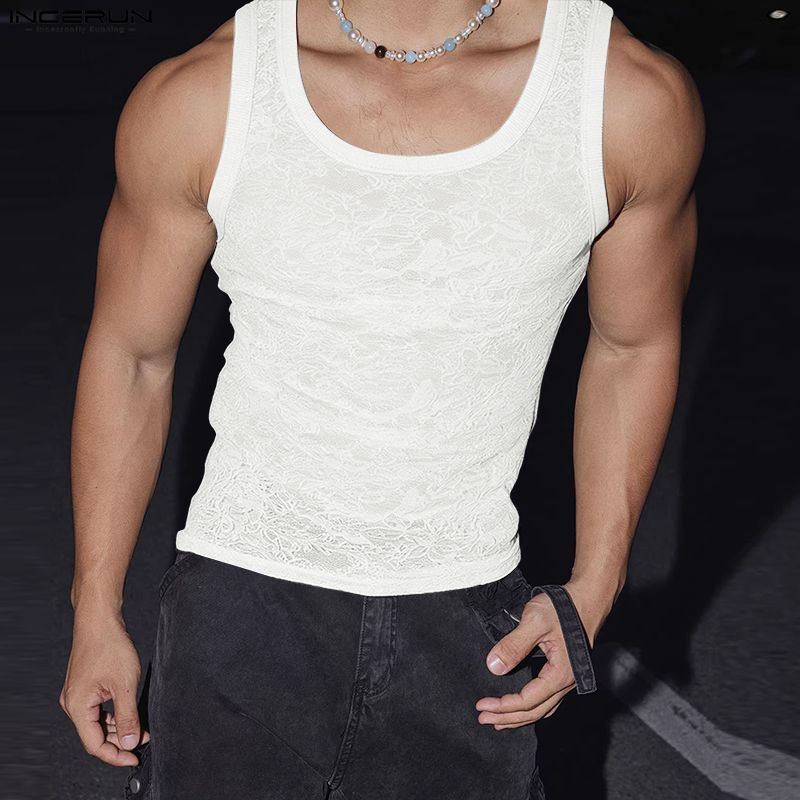 INCERUN Summer Men Sleeveless Lace Mesh Sheer Casual Fitted Tank Tops Vest