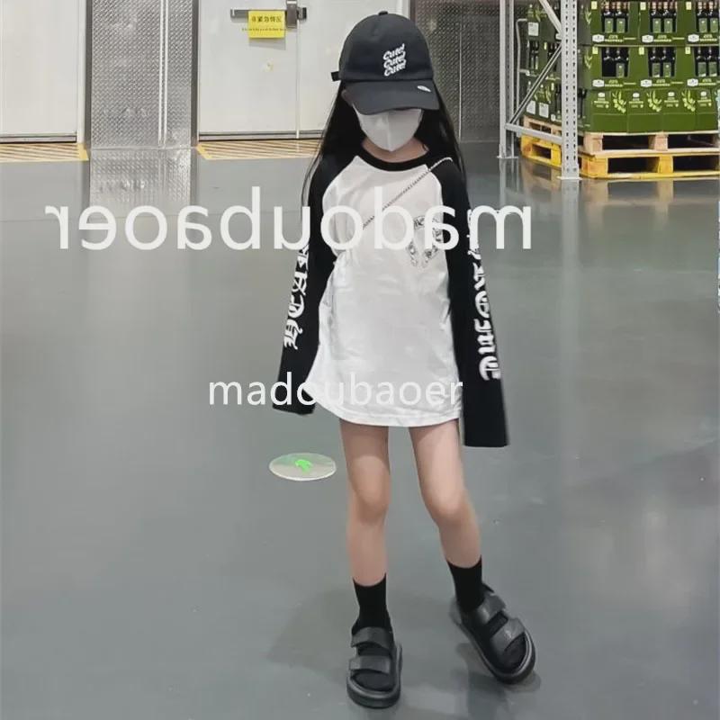 Mädchen 2025 Frühjahr Lässiges bedrucktes T-Shirt mit Raglanärmeln - Lockeres, mittellanges, trendiges Oberteil