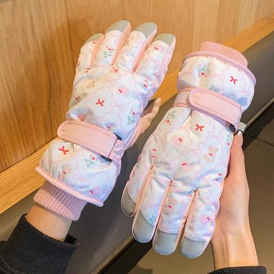Cute Bear Ski Gloves Female Korean Warm Fleece Thickened Outdoor Cold Wind Gloves