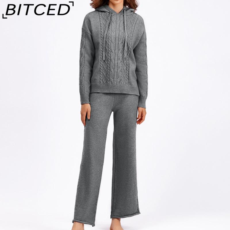 

BITCED Комплект дизайнерского стиля включает свободный свитер с капюшоном на завязках и широкие брюки с драпировкой, модную витую пару из двух предметов One size серый