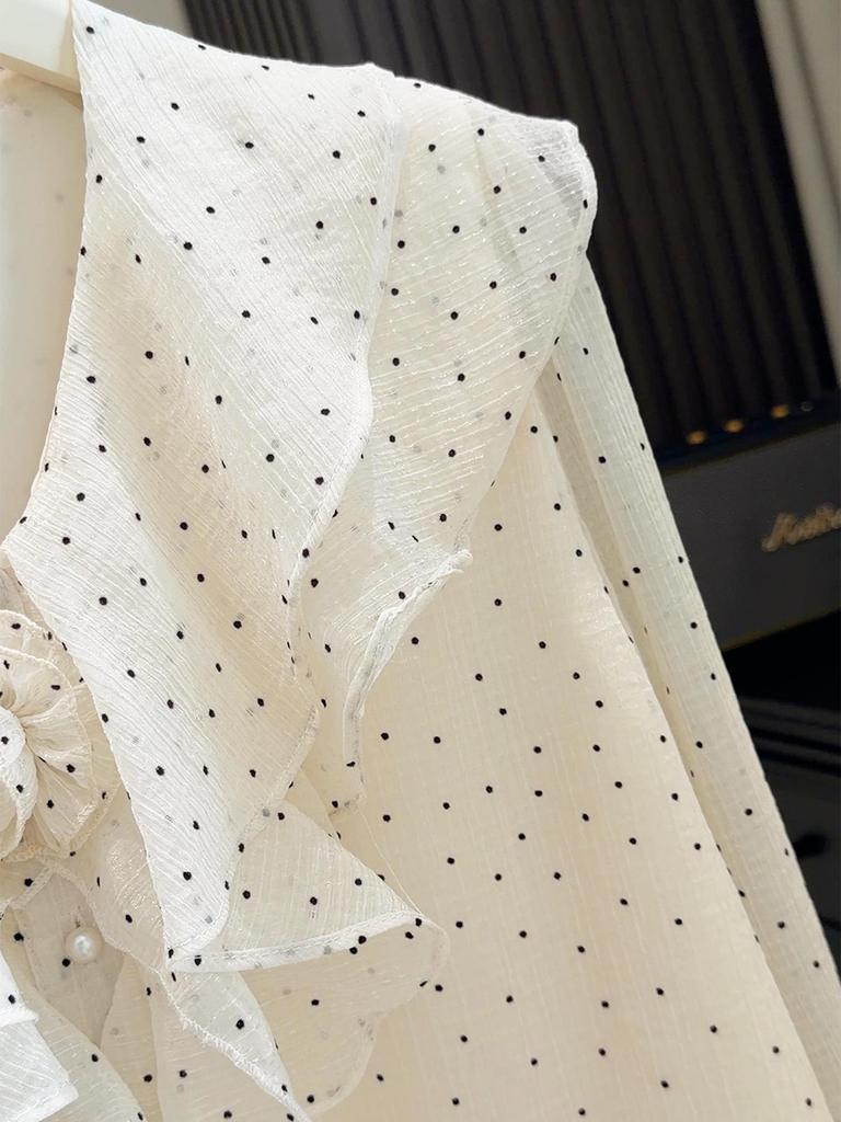 Women's French Ruffle Polka Dot Chiffon Shirt - Spring 2026 Design, Long Sleeve
