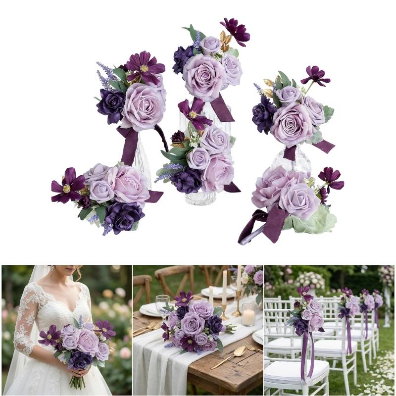 6Pcs Wedding Bouquets with Ribbon for Bride and Bridesmaid Realistic Artificial Rose Flower Bouquets Photography Tool