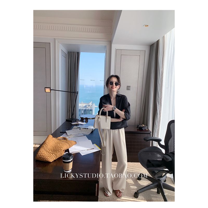 

Lickysenior In Stock Ice Silk Wide-Leg Pants Women s Summer Thin Drape Baggy Straight Trousers Casual Pants Cream White- S