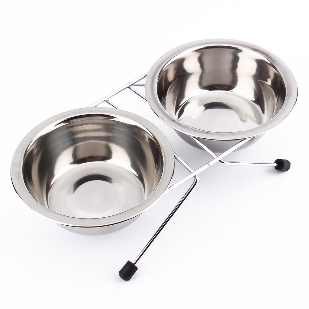 Cute Double Twin Stainless Steel Bowls Dog Puppy Cat Pet Food Water Bowl Dish Iron Stand