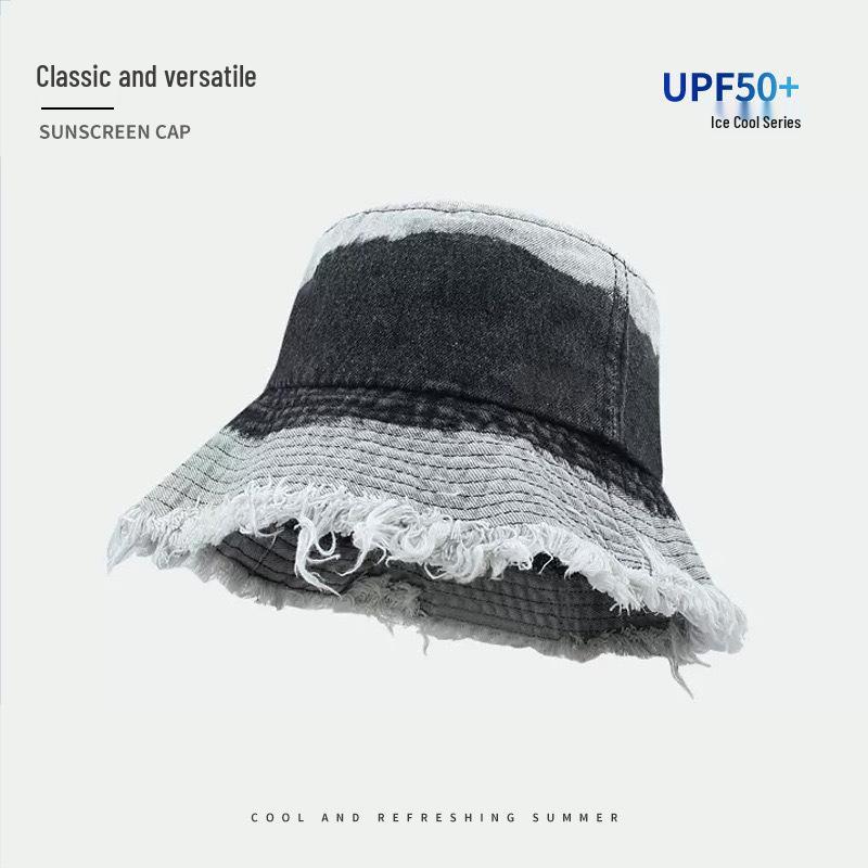 Japanese Retro Women's Denim Fisherman Bucket Hat, Distressed Sunshade for Larger Head, Face Slimming Sun Protection.