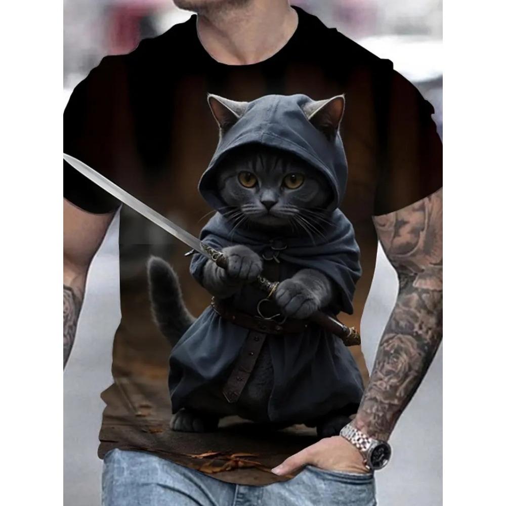 Summer Men's T-Shirt Funny Cartoon Cat Printed Breathable Outdoor Short Sleeve Graphic T-Shirts Casual Oversized Men Clothing