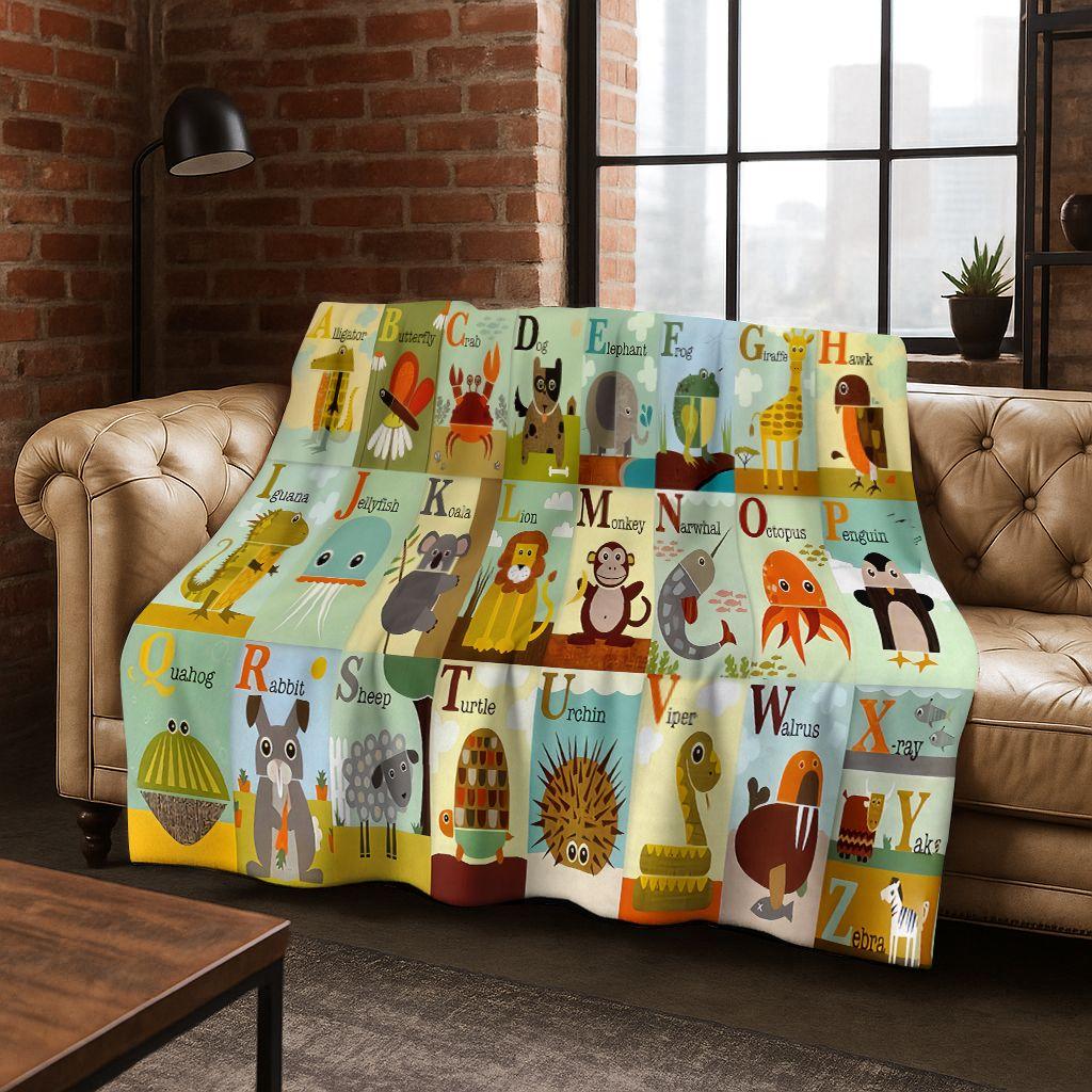 ABC Animal Alphabet Cartoon Early Educatio Children Flannel Blanket,Cozy Soft Throw Blanket for Home Bedroom Bed Sofa Cover