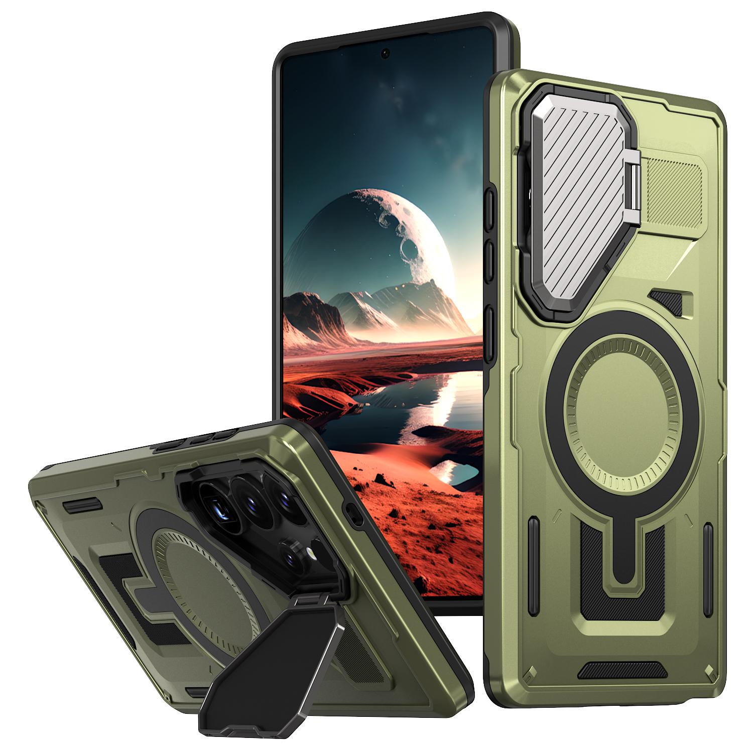 

For Samsung Galaxy S25 Ultra Magnetic Case Lens Lid Kickstand PC+TPU Back Cover B