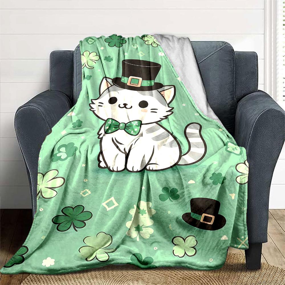 1pc cat shamrock blanket Lightweight Flannel Throw for Sofa Bed Travel Camping Livingroom Office Couch Chair