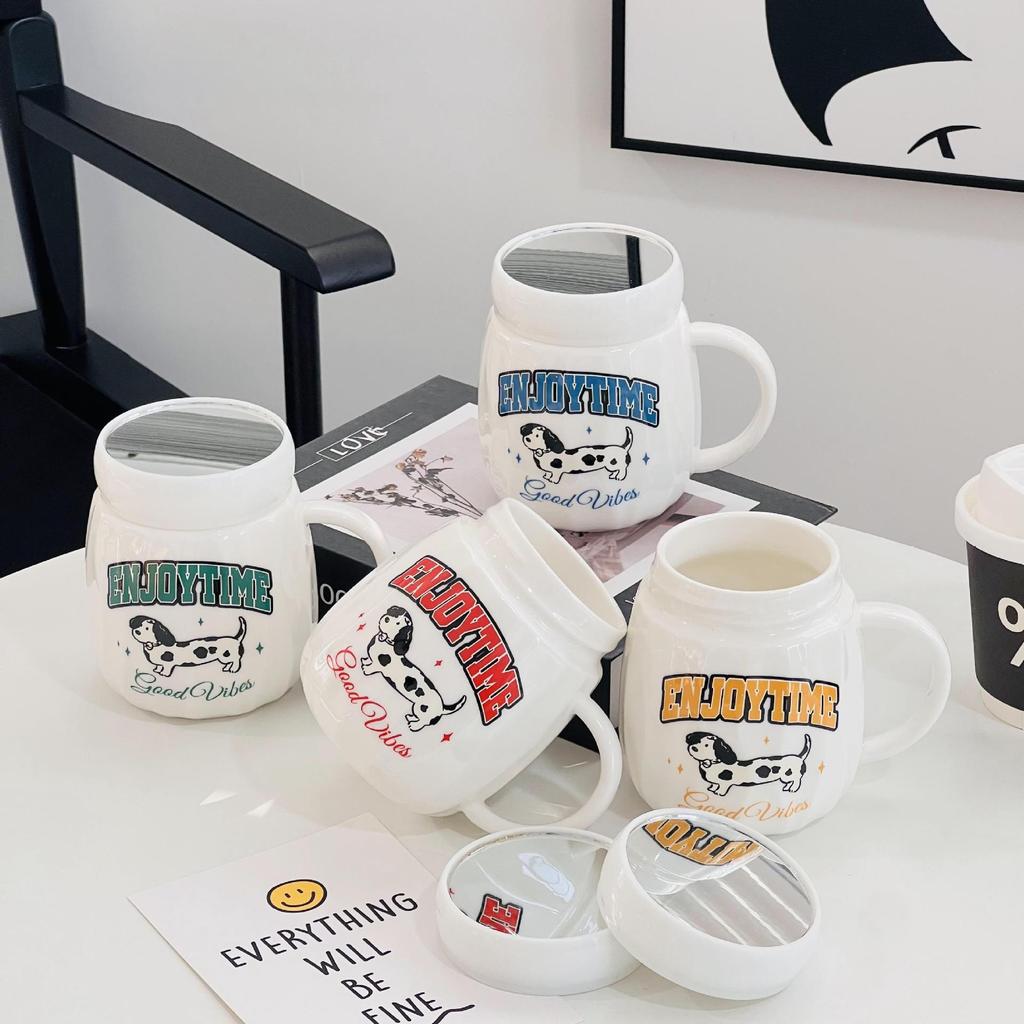 Cute High Value Ceramic Cup Household Mirror Mug with Lid Gift Souvenir Student Water Cup Set