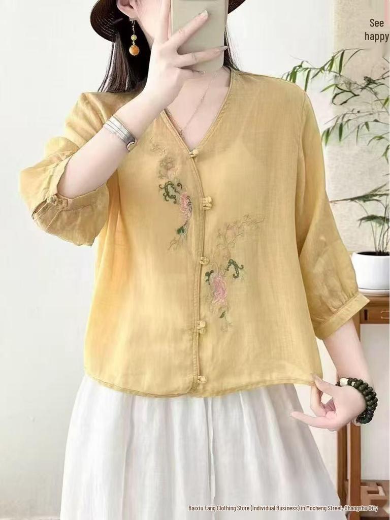 2026 Summer Women's V-Neck Floral Embroidered Linen Shirt - Artistic, Loose Fit, Three-Quarter Sleeves, Chinese Style
