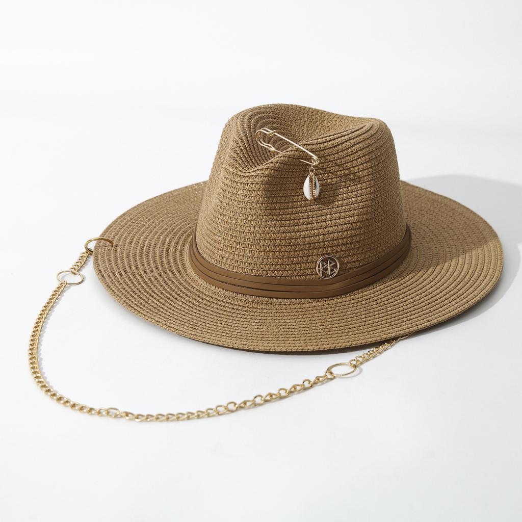 Designer Chain Wide Brim Straw Hat for Women, Spring Summer Sun Protection Fedora Beach Hat with Pin
