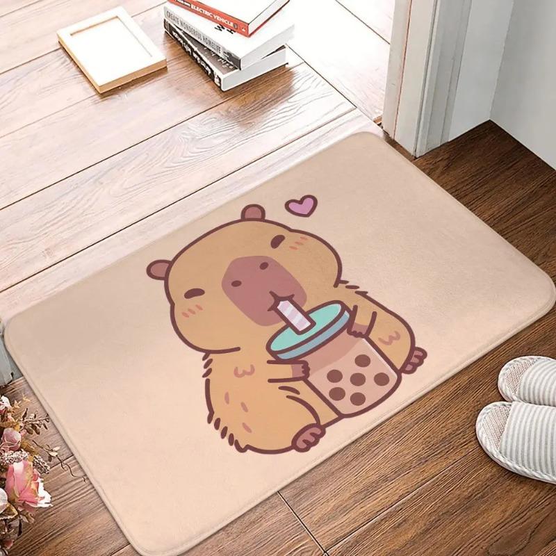 Adorable Capybara Themed Door Mat Anti-slip Entrance Rug with Boba Drinking Animal Pattern for Unique Home Decoration