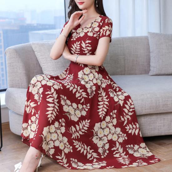 Lady Fashion Floral Print Tight Waist Large Swing V-Neck Short Sleeve Maxi Dress