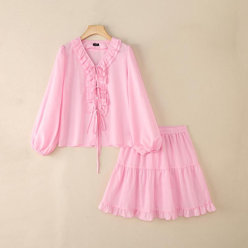 

VONDA Two Piece Suit Women Ruffled Long Sleeve Blouse and Skirts Sets Outfits S розовый