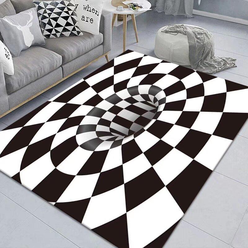3D Vortex Illusion Black White Rug for Bedroom Floor Mat Abstract Geometric Optical Vertigo Carpet Non-slip Living Room Decor