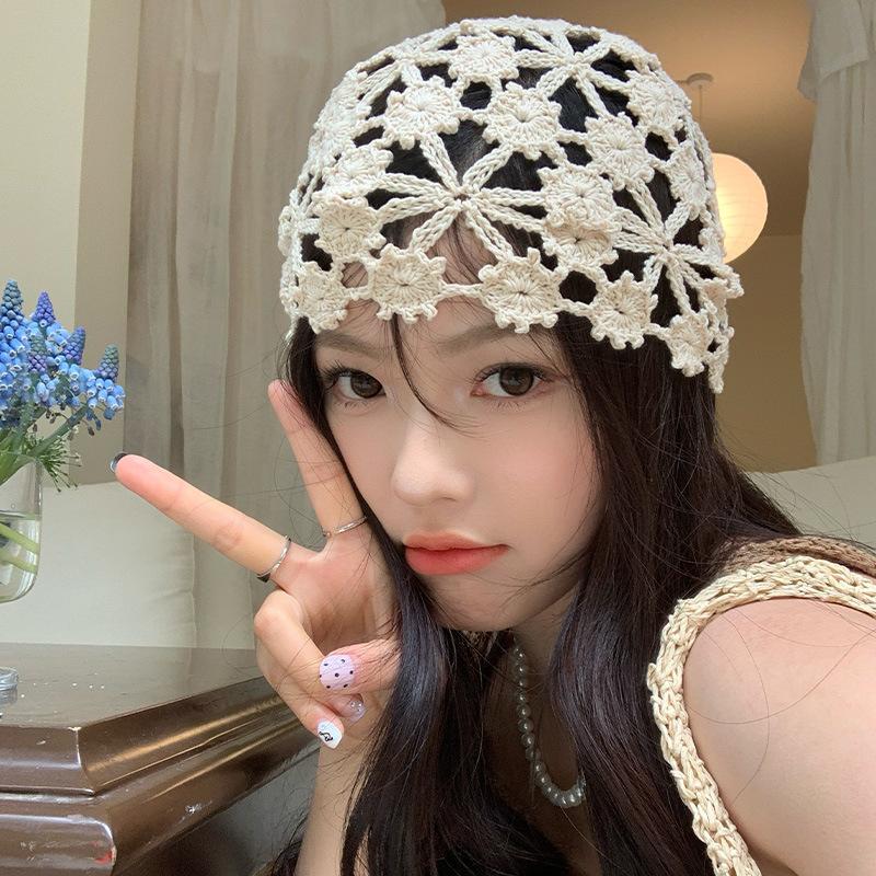 Japanese Simple Solid Color Hand-woven Hollow Pullover Hat Women Spring and Summer Knitted Short-brimmed Skull Beanie Cap