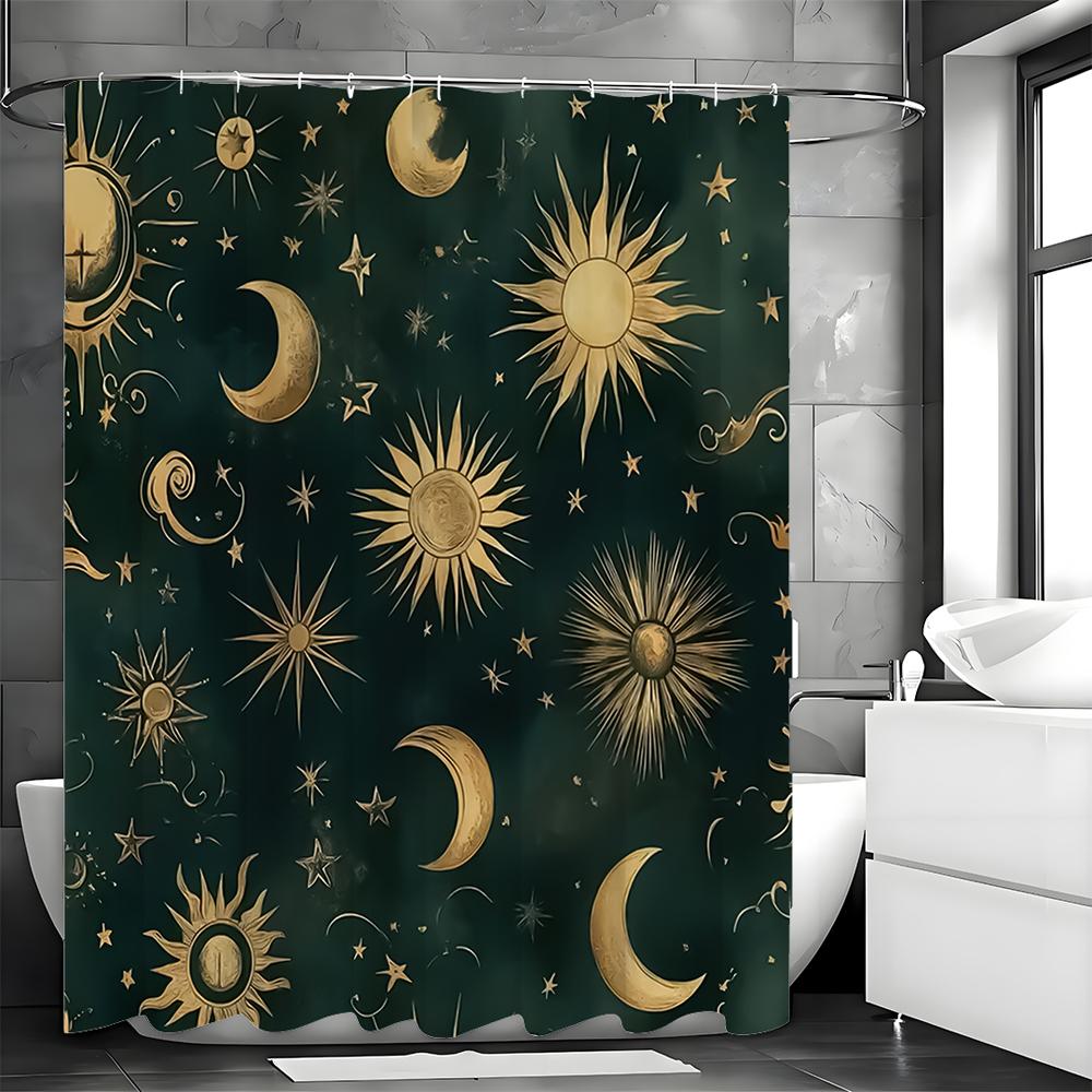 Sun Moon Star Shower Curtain, Bathroom Decorative Shower Curtain, Waterproof Shower Curtain with Hooks