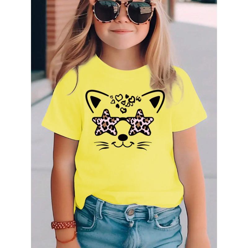 European Size Girls Round Neck Short Sleeved T Shirt with Star Eyed Cat Pattern