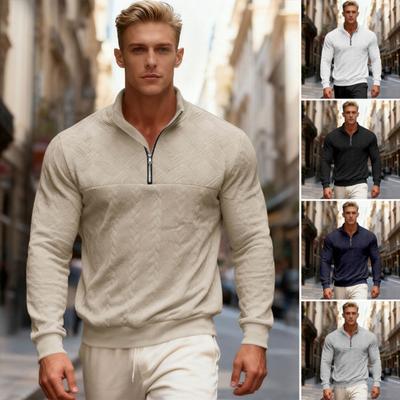 Erkek Sweatshirt Dik Yaka Fermuarlı Yarım Patlet Uzun Kollu Kazak Üstler Düz Renk Jakarlı Tasarım Spor Üstler Sokak Giyimi