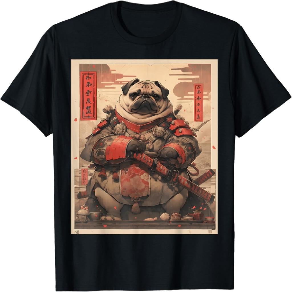 Retro Samurai Mopshond Katana Volledige Uitrusting Ukiyo-e Japanse Kunst T-shirt voor Mannen Vrouwen Kinderen