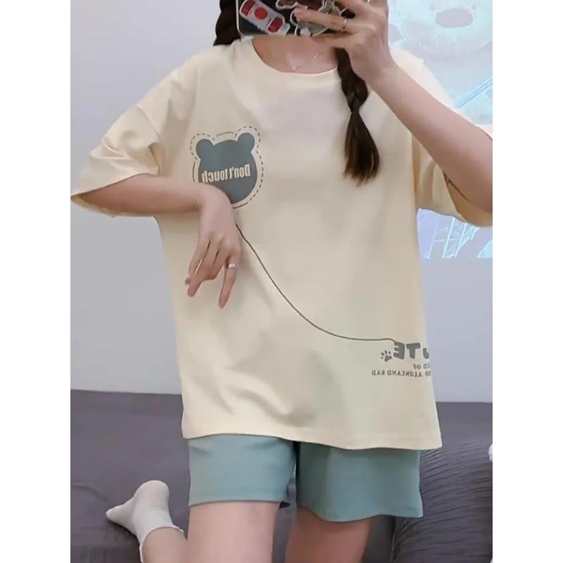 Women Summer Two Pieces Set Pajamas O-neck Short Sleeve Shorts Pant Homewear Thin Loose Cartoon Printing with Chest