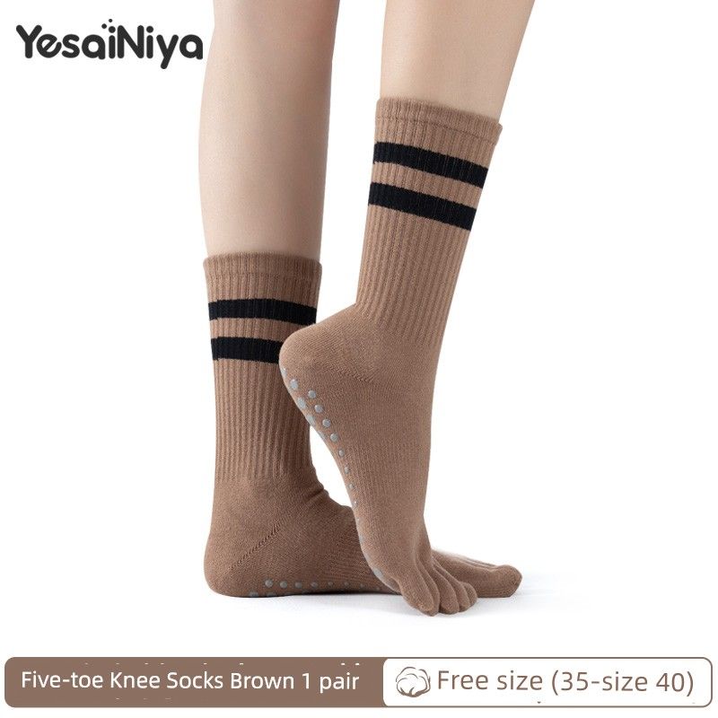 

Yoga Socks Non-Slip Professional Women Tube Five-Finger Socks Pilates Special Socks Indoor Sports Fitness Room Socks Five Finger Knee Socks-Brown