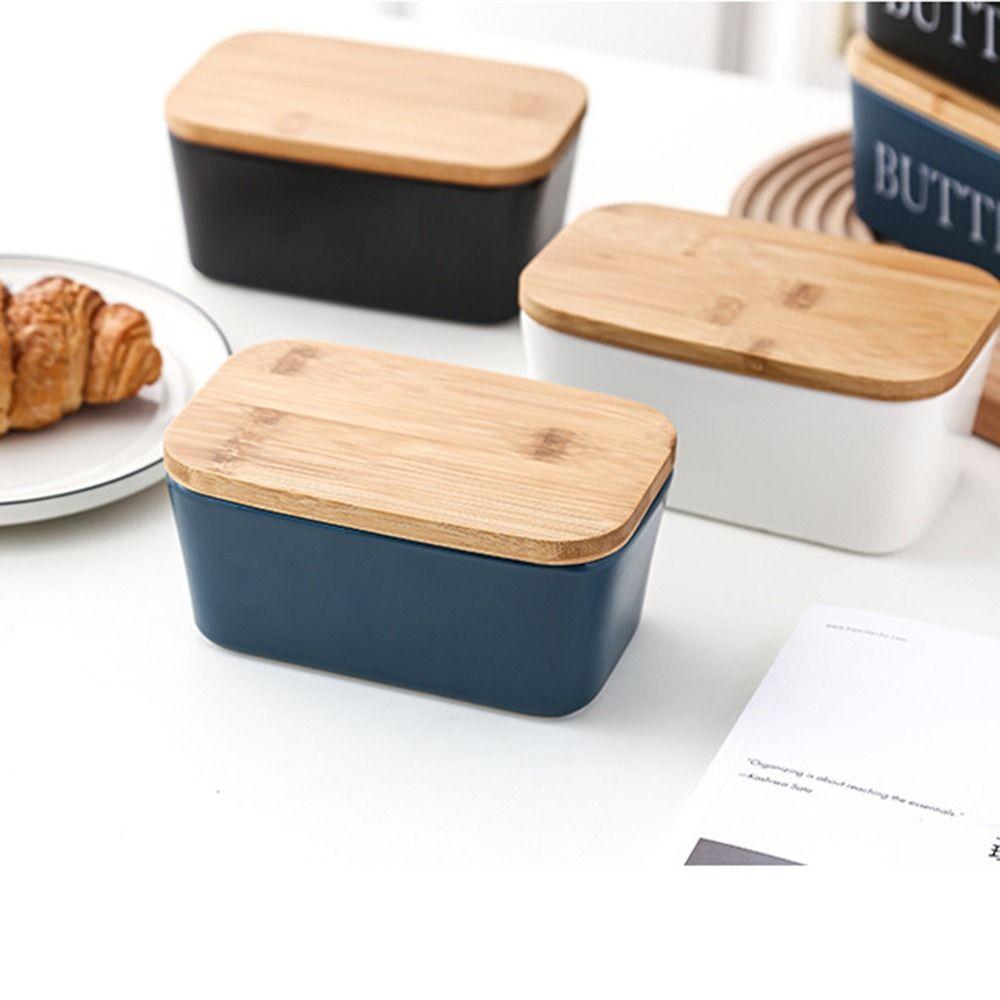 High-quality Ceramic Butter Box with Round Wooden Covers Porcelain Butter Holder Household
