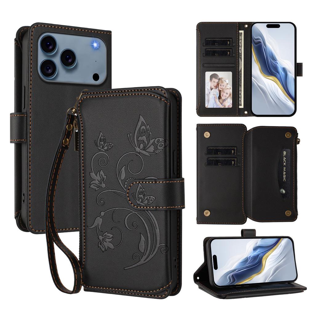 Dla iPhone 17 Pro Max Skórzane Etui Motyl Kwiatowy Wzór Portfel na Zamek Pokrowiec z Podstawką z Paskiem na Nadgarstek