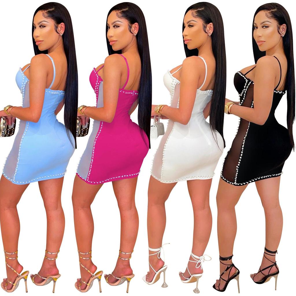 X5047 European-American Fashion Spaghetti Strap Mesh Bodycon Dress