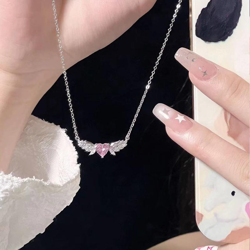 925 Silver Wings Heart Pendant Necklace for Women , Crystal Decorated Angel Wing Love Necklace , Fashion Daily Wear Jewe